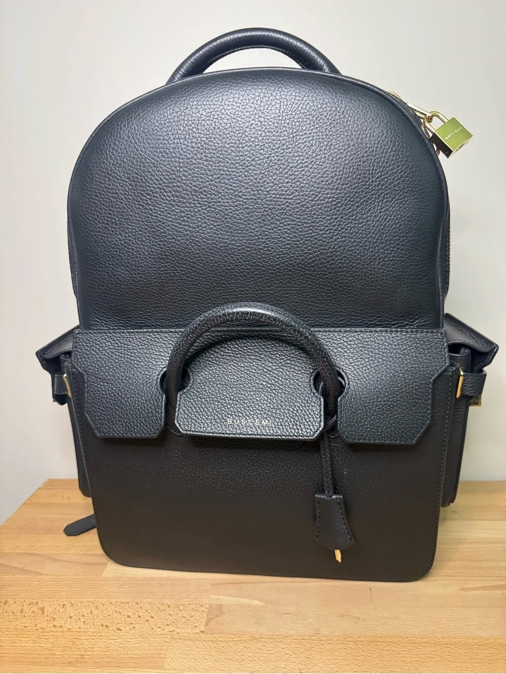 Buscemi PHD large Black Leather Gold Lock Backpack. Key and dust bag.